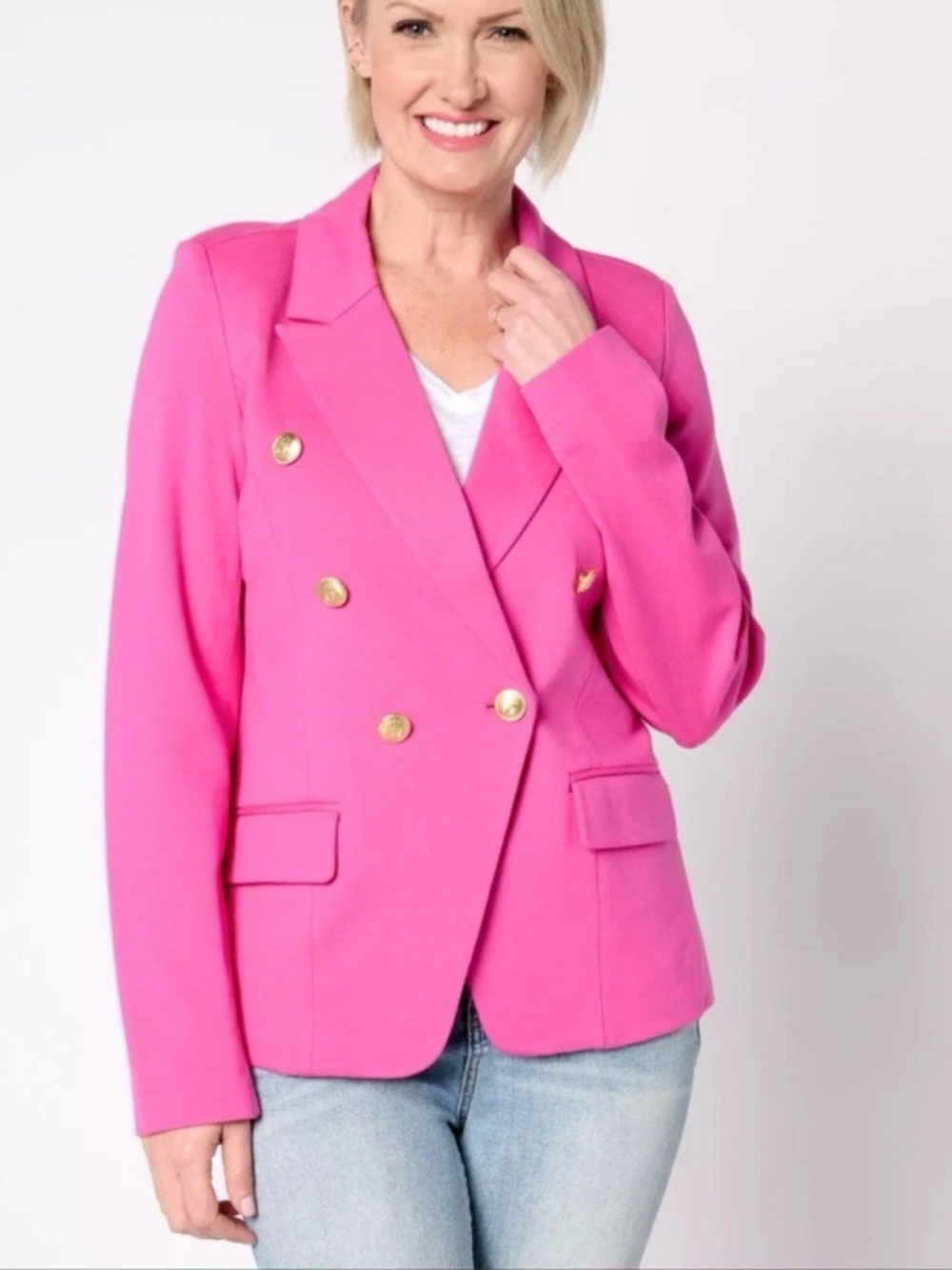 Belle by Kim Gravel Women's Ponte Nautical Double-Breasted Pink Blazer Jacket